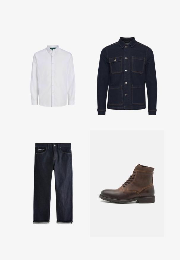 Dunkelblaue Denimjacke mit normaler Passform, Knopfverschluss, vier Taschen und kontrastierenden Nähten. Mit Kragen und langen Ärmeln.; Weißes Baumwoll-Hemd mit klassischem Kragen, langen Ärmeln und gerader Säume. Verfügt über sechs Vorderknöpfe und eine schlichte Textur.; Dunkelblaue Jeans aus Denim mit klassischem geradem Schnitt, fünf Taschen, Knopfverschluss und umgeschlagenen Bündchen, die eine hellblaue Innenseite zeigen.; Jack & Jones JFWDELANEY BOOT - Schnürstiefelette - cognac