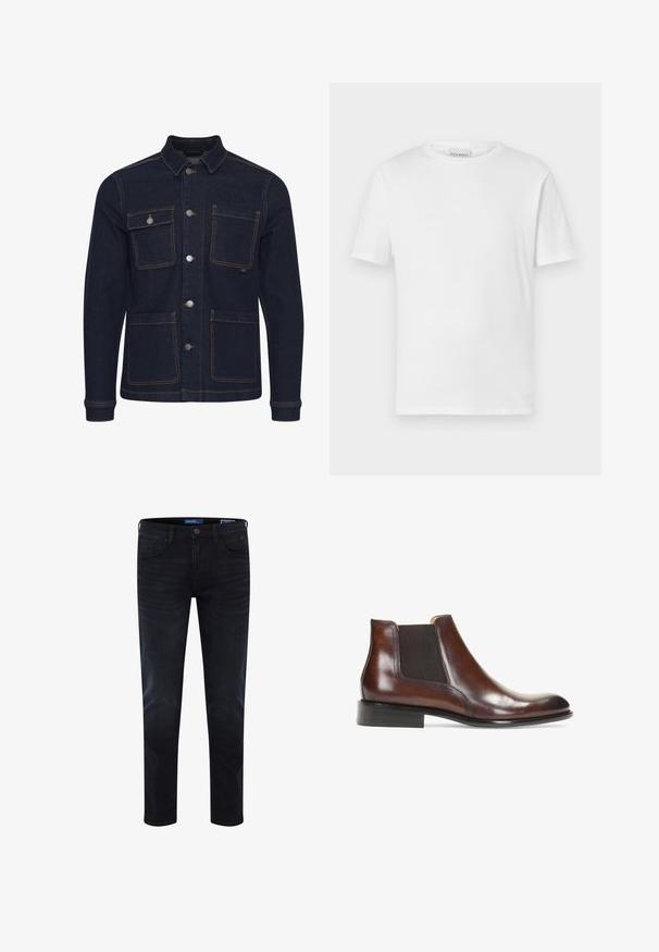 Veste en denim bleu foncé avec une coupe régulière, fermeture à boutons, quatre poches et coutures contrastantes. Dotée d'un col et de manches longues.; T-shirt blanc à manches courtes en coton. Présente un col rond et un ourlet droit. Sans motifs ni embellissements. Design simple.; Jean denim bleu foncé avec une coupe ajustée, coutures visibles, design standard à cinq poches et une fermeture par bouton à la taille.; Bottine en cuir marron avec des panneaux latéraux élastiques, une finition lisse, des coutures décoratives et un talon rectangulaire bas.