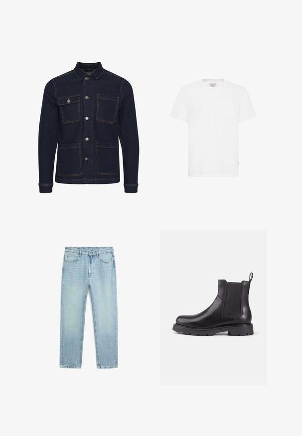 Dunkelblaue Denimjacke mit normaler Passform, Knopfverschluss, vier Taschen und kontrastierenden Nähten. Mit Kragen und langen Ärmeln.; Weißes Baumwoll-T-Shirt mit Rundhalsausschnitt, kurzen Ärmeln und einer Brusttasche auf der linken Seite. Glatte Textur und normale Passform.; Hellblaue Straight-Leg-Denim-Jeans mit vorderem Knopf, Reißverschluss, Gürtelschlaufen und fünf Taschen, flach auf weißem Hintergrund ausgelegt.; Schwarze Leder Chelsea-Boots mit elastischen Seitenpaneelen, runder Zehenpartie und strukturiertem Gummisohle. Verfügt über einen hinteren Zugschlauf für einfaches Anziehen.