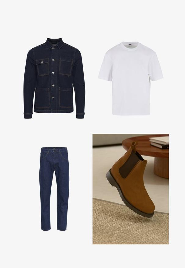 Dunkelblaue Denimjacke mit normaler Passform, Knopfverschluss, vier Taschen und kontrastierenden Nähten. Mit Kragen und langen Ärmeln.; Weißes T-Shirt mit kurzen Ärmeln aus Baumwolle. Besitzt einen Rundhalsausschnitt und eine lockere Passform. Glatte Textur, minimalistisches Design, ohne Muster oder Akzente.; Dunkelblaue Jeans aus Denim mit geradem Schnitt, fünf Taschen und gelben Nähten an den Säumen. Der Stoff hat eine glatte Textur.; Braune Chelsea-Stiefel aus Leder mit schwarzen elastischen Seiteneinsätzen, runder Spitze, strukturiertem Gummisohle und einer kleinen Schlaufe an der Rückseite.