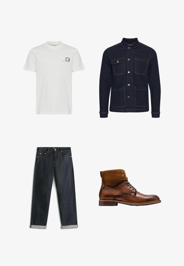 Veste en denim bleu foncé avec une coupe régulière, fermeture à boutons, quatre poches et coutures contrastantes. Dotée d'un col et de manches longues.; T-shirt en coton blanc avec un col rond et des manches courtes. Présente un logo graphique bleu marine et du texte sur la partie gauche de la poitrine.; Jean en denim bleu foncé avec revers roulés, cinq poches et coutures contrastées, posé à plat sur un fond blanc.; Kazar ALID - Bottines à lacets - brown