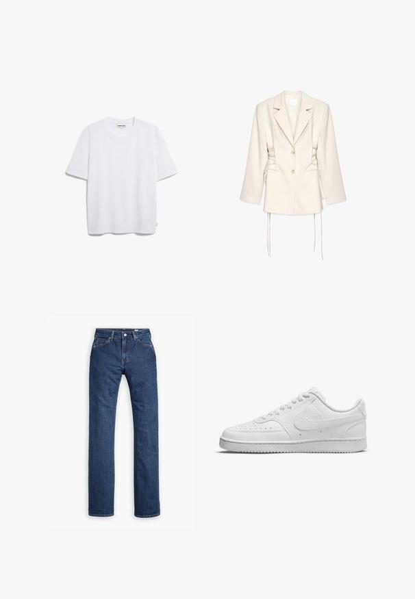 Cremefarbener Blazer mit maßgeschneidertem Schnitt, Doppelknopfverschluss und Schnürdetails an den Seiten. Verfügt über strukturierte Schultern und lange Ärmel.; Weißes Baumwoll-T-Shirt mit kurzen Ärmeln, runder Halslinie und lockerer Passform. Keine sichtbaren Muster oder Logos. Glatte Textur.; Levi's® MOJ MIJ PLANK STRAIGHT - Jeans Straight Leg - stems; Ganz weißer, niedriger Ledersneaker mit Schnürverschluss, perforierter Spitze und strukturierter Sohle, seitlich auf weißem Hintergrund betrachtet.