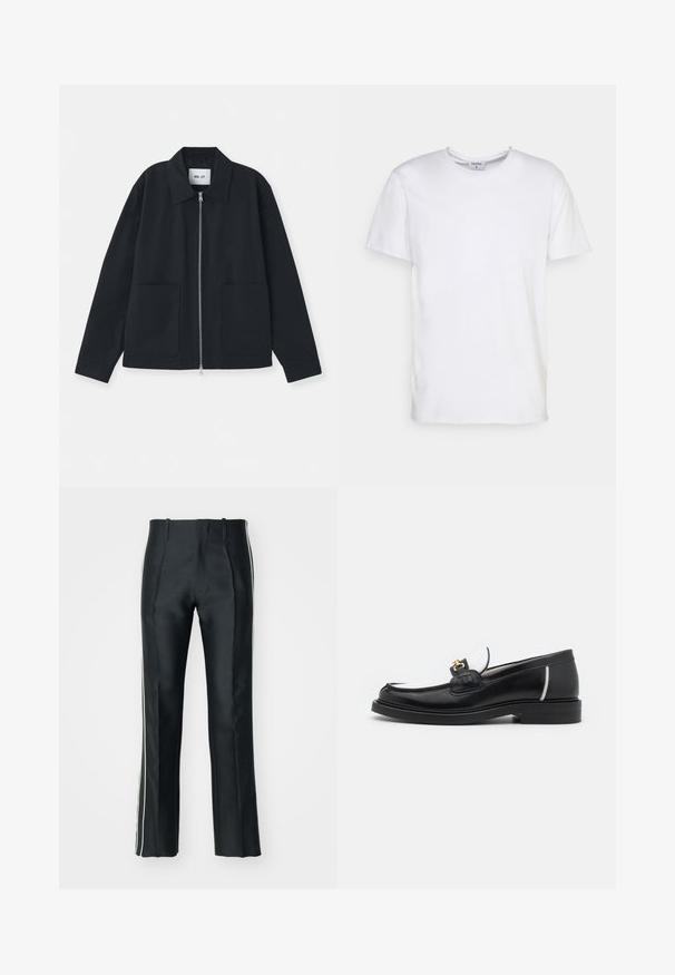 Schwarze Jacke aus glattem Stoff, mit einem Frontreißverschluss, großen Taschen und einem klassischen Kragendesign. Keine Muster oder Akzente sichtbar.; Weißes T-Shirt mit kurzen Ärmeln aus Baumwolle. Es hat einen runden Halsausschnitt und eine lockere Passform ohne sichtbare Muster oder Akzente.; Schwarze Satin-Hosen mit tailliertem Schnitt, ausgestattet mit weißen Seitenstreifen. Design mit weitem Bein und Vorderfalten für zusätzlichen Detail.; Schwarze Lederloafers mit runder Zehenpartie, weißen Akzenten und goldenen Beschlägen auf dem Vorderblatt. Verfügt über ein strukturiertes Patch und einen gestapelten Absatz.