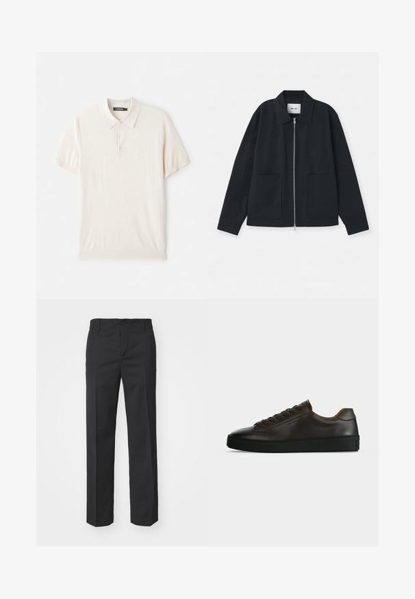 Veste noire en tissu lisse, avec une fermeture éclair à l'avant, de grandes poches et un design de col classique. Aucun motif ni accent visible.; Polo shirt beige clair avec un col classique, une patte de boutonnage à trois boutons et des manches courtes. Fabriqué à partir d'un tissu doux et lisse. Design simple sans motifs.; Filippa K TROY TROUSERS - Pantalon classique - black; Baskets basses en cuir marron foncé avec semelle en caoutchouc noire, lacets à l'avant et design minimaliste épuré sur fond clair.