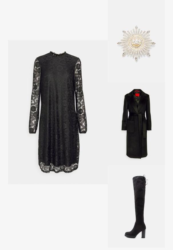 Manteau long noir en tissu doux, avec un large col, des poches avant, une taille ceinturée et une doublure lisse.; PIECES Tall PCOLLINE DRESS - Robe de soirée - black; Bottes noires au-dessus du genou en suede doux, avec un talon épais, une semelle plateforme et un détail en lacets en haut pour un ajustement réglable.; Broche en argent avec un design en rayons de soleil, mettant en vedette des strass clairs et un centre circulaire accentué d'or avec un emblème.
