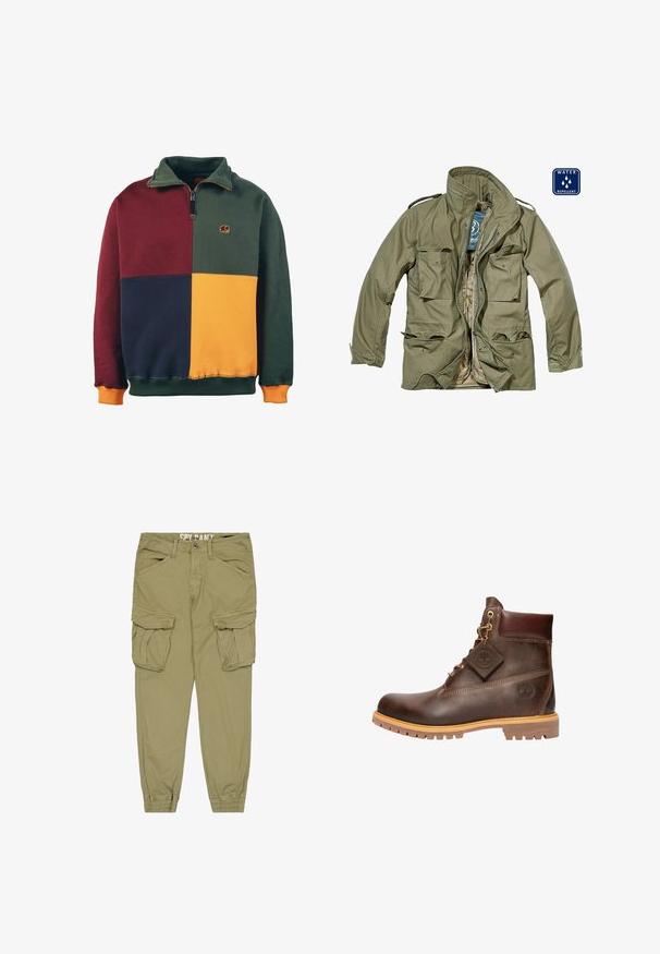 Veste olive verte déperlant avec fermeture éclair, plusieurs poches à rabat, col montant et poignets ajustables. Doublure intérieure beige.; Sweatshirt coloré en blocs présentant des sections vertes, bourgognes, bleu marine et moutarde. Design avec col zippé et logo d'éléphant sur la poitrine. Texture douce.; Pantalons cargo kaki avec plusieurs poches latérales, poignets élastiques et coupe décontractée. Fabriqués en tissu doux, avec une fermeture à bouton et à zip.; Bottine marron en cuir avec col rembourré, laçage frontal, semelle robuste, et logo Timberland visible sur le côté et sur l'étiquette attachée.