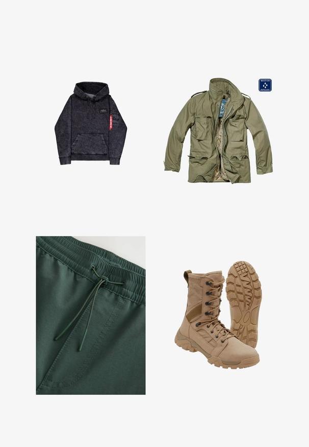 Vandafvisende olivengrøn jakke med lynlås foran, flere påsatte lommer, standkrave og justerbare manchetter. Indersiden er tan.; Sort melange hoodie med kængurulomme, justerbar snor i hætten, logo-patch på brystet og sidelomme med rødt mærke.; Mørkegrønne sweat shorts med elastisk talje og snørelukning, glat tekstur og synlige stingdetaljer. Enkel, funktionel design.; Brun taktisk støvle med snørelukning i ankellængde og robust gummisål, en støvle står oprejst og den anden viser slidbanemønster.