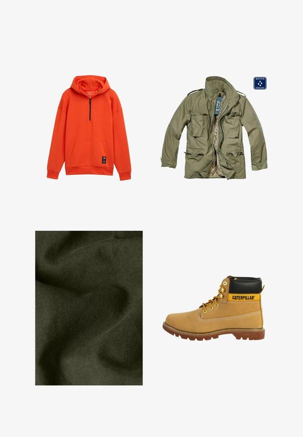 Waterafstotende olijfgroene jas met een ritssluiting aan de voorkant, meerdere opgestikte zakken, een staande kraag en verstelbare manchetten. Voering is lichtbruin.; Oranje hoodie met een halve ritssluiting, kangoeroezak en geribbelde manchetten. Gemaakt van zachte stof, heeft een merklabel aan de zoom.; Close-up van donker groen stof met zichtbare weefstructuur en zachte plooien die schaduwen en hooglichten creëren.; Bruine leren laars met een zwarte kraag, gele accenten, gouden veterogen en een robuuste zool. Heeft een zijnaad en contrasterende stikseldetails.