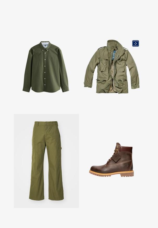 Vandafvisende olivengrøn jakke med lynlås foran, flere påsatte lommer, standkrave og justerbare manchetter. Indersiden er tan.; Olivengrøn langærmet skjorte med button-down krave, frontknapper og et lille broderet logo. Blødt stof med struktureret design.; Oliven grønne bukser med bred ben, lavet af slidstærkt stof, med knaplukning, sidelommer og lige kantdesign.; Brun læder ankelstøvle med rund tå, solid sål, hardware i guldtone og en tekstureret overdel. Inkluderer et logo-tagfæstet.