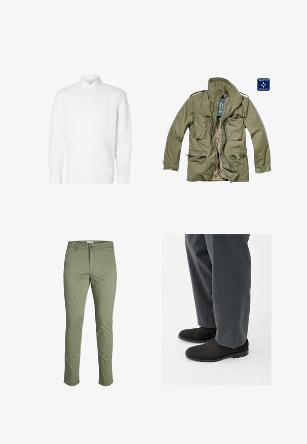 Chaqueta verde oliva repelente al agua con cierre frontal de cremallera, múltiples bolsillos de parche, cuello alzado y puños ajustables. El forro interior es de color marrón claro.; Camisa blanca de manga larga hecha de lino, con cuello abotonado, botones en el frente y un ajuste relajado con puños rectos.; Pantalones verde oliva hechos de una mezcla de algodón, diseño ajustado con bolsillos frontales, cierre de botón y presillas para cinturón. Textura suave sin patrones.; Botines de ante negro con textura suave, puntera redondeada y tacón bajo, combinados con pantalones grises a medida con un patrón sutil.