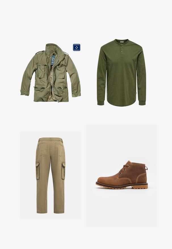 Veste olive verte déperlant avec fermeture éclair, plusieurs poches à rabat, col montant et poignets ajustables. Doublure intérieure beige.; Chemise vert olive à manches longues avec un col henley, trois boutons et un ourlet incurvé. Confectionnée dans un tissu doux et texturé avec des poignets ajustés.; Pantalons cargo en coton kaki avec une coupe droite. Comprend deux poches latérales, deux poches arrière et une taille cousue. Texture lisse.; Timberland LARCHMONT II WP CHUKKA - Bottines à lacets - rust