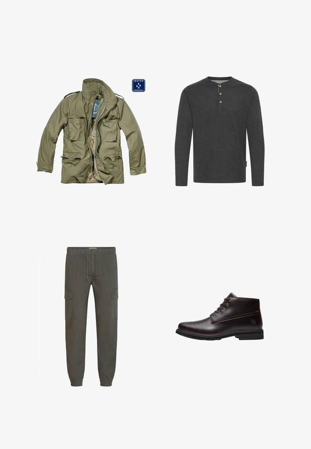Chaqueta verde oliva repelente al agua con cierre frontal de cremallera, múltiples bolsillos de parche, cuello alzado y puños ajustables. El forro interior es de color marrón claro.; Camisa de manga larga gris oscuro hecha de tela suave, con un cuello henley y tres botones de madera, además de una etiqueta lateral.; Pantalones cargo en verde oliva oscuro, con cintura elástica y cordón regulable, bolsillos laterales y puños elásticos. Tejido liso y duradero.; Botín de cuero marrón oscuro con cordones, suela negra y logo sutil de la marca en el lateral, mostrado de perfil sobre un fondo blanco.