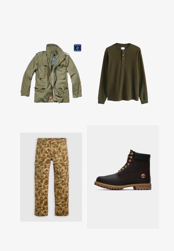 Wasserabweisende olivgrüne Jacke mit Reißverschluss, mehreren aufgesetzten Taschen, Stehkragen und verstellbaren Bündchen. Innenfutter ist beige.; Langärmliges olivgrünes Waffelstrick-Henley-Shirt mit gerippten Bündchen und drei Knöpfen am Kragen.; Tarnfarbe Cargo-Hose in verschiedenen Grüntönen und Brauntönen, mit mehreren Taschen und einer lockeren Passform, aus strapazierfähigem Material.; Schwarze Leder-Ankle-Boots mit goldenen Ösen, braunen Akzenten und einer Gummisohle. Verfügt über einen gepolsterten Schaft und ein geprägtes Logo an der Seite.