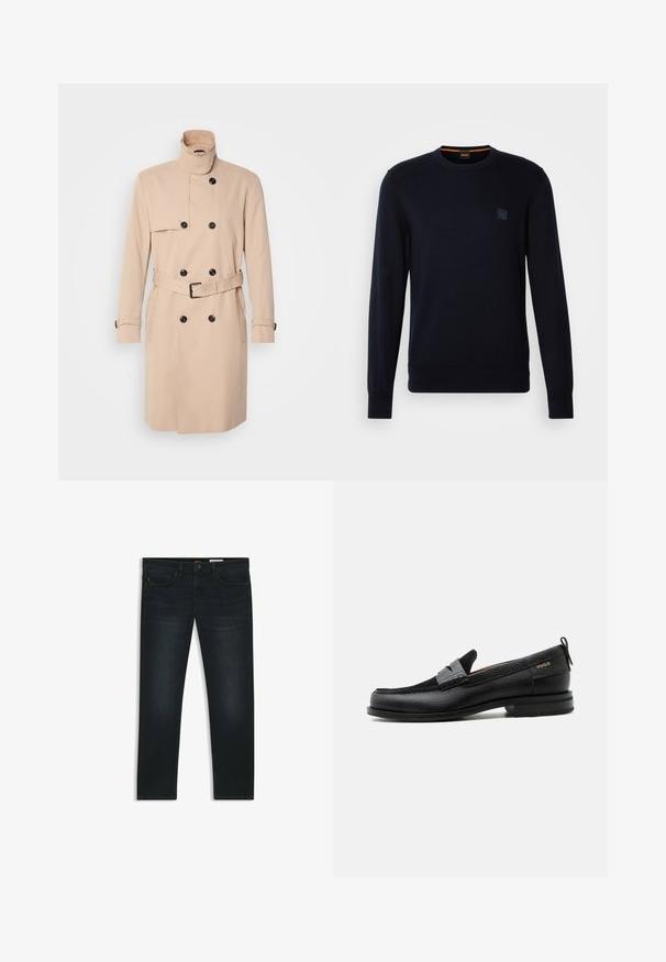 Beige trenchcoat med høj krave, dobbeltkrøs design, sorte knapper og bælte i taljen. Glat stof med lange ærmer.; Marineblå strikket trøje med lange ærmer, rund halsudskæring, ribbede manchetter og kant, med et lille firkantet logo-patch på brystet.; Mørke denim jeans med lige pasform, subtilt slid, fem lommer og orange syninger som accent på taljen.; Sort læderloafer med grå remdetalje, lav hæl og tekstureret sål, mærket med "HUGO" i guld på siden.