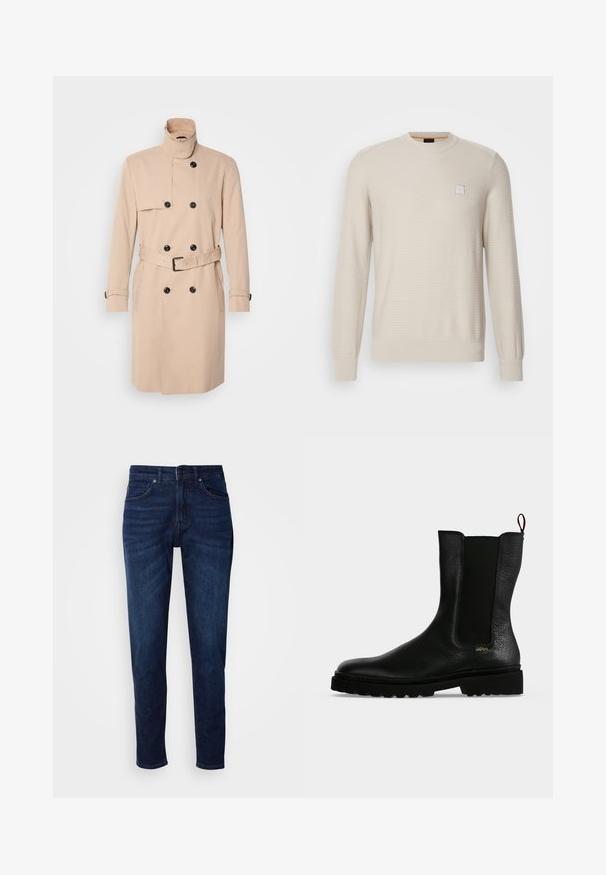 Beiger Trenchcoat mit hohem Kragen, doppelreihigem Design, schwarzen Knöpfen und einem Gürtel in der Taille. Glattes Material mit langen Ärmeln.; Helles beiges Sweatshirt aus strukturiertem Stoff. Mit Rundhalsausschnitt, langen Ärmeln und einem kleinen quadratischen Logo auf der Brust.; Dunkelblaue Jeans aus Denim mit geradem Bein, ausgestattet mit Taschen und einem Knopfverschluss an der Taille. Weiche Textur, minimale Ausbleichungen.; Schwarzer Leder-Stiefelette mit elastischem Seitenteil, grober Sohle und Zuglasche hinten, mit kleinem goldenem "Hugo" Logo nahe der Ferse.