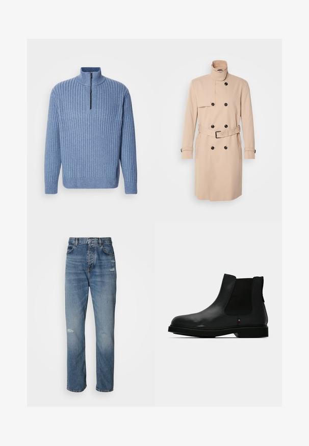 Beiger Trenchcoat mit hohem Kragen, doppelreihigem Design, schwarzen Knöpfen und einem Gürtel in der Taille. Glattes Material mit langen Ärmeln.; Hellblau gestrickter Pullover mit Rippenstruktur, Stehkragen und teilweisem Reißverschluss am Hals; verfügt über lange Ärmel und einen geraden Saum.; Hellblaue Denim-Jeans im Straight-Leg-Design, mit einem Knopf- und Reißverschluss, fünf Taschen und leicht abgetragenen Details im Kniebereich.; Schwarzer Chelsea-Stiefel aus Leder mit elastischen Seitenteilen, rundem Zehenbereich und strukturierter Oberseite. Verfügt über eine flache Gummisohle und dezente Markenakzente.
