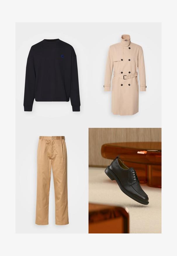Beige trenchcoat med høj krave, dobbeltkrøs design, sorte knapper og bælte i taljen. Glat stof med lange ærmer.; Sort sweatshirt lavet af bomuld, med rund halsudskæring og løs pasform. Den har et lille blåt broderet logo på brystet.; Khaki bukser, blanding af bomuld, lige ben-design, frontfald, bæltesløjfer og knaplukning. Glat tekstur uden mønstre.; Sort lædersko med snørebånd og tekstureret front, svævende over beige tæppe i et moderne rum med møbler i ravfarvet toning.