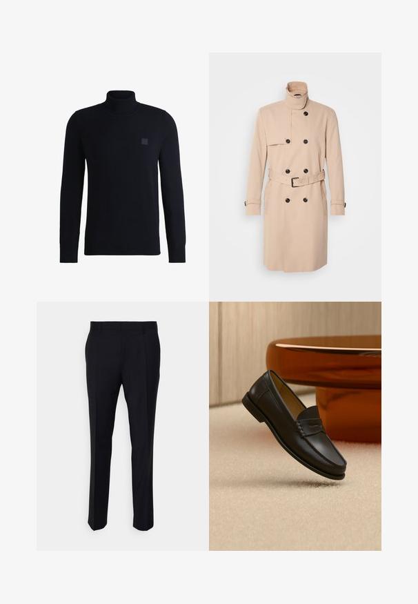 Beige trenchcoat med høj krave, dobbeltkrøs design, sorte knapper og bælte i taljen. Glat stof med lange ærmer.; Marineblå højhalset sweater lavet af blødt strikmateriale, med lange ærmer og ribbestrikket krave. Inkluderer et firkantet logo-patch på brystet.; Sorte bukser lavet af vævet stof, med en skræddersyet pasform, flad front, sidelommer og lige ben-design.; Sort læder loafer-sko hængende over beige tæppe med ravfarvet moderne møblement i baggrunden.