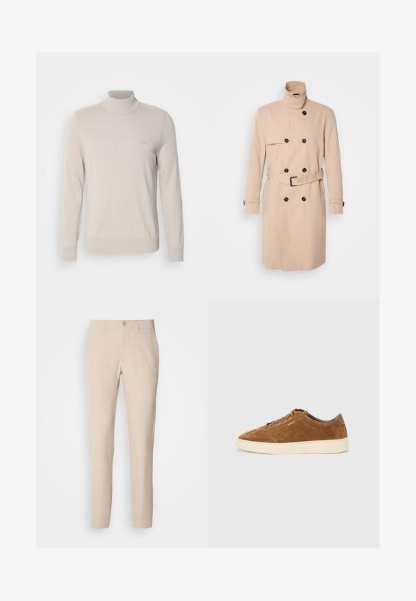 Gabardina beige con cuello alto, diseño de doble botonadura, botones negros y cinturón en la cintura. Tela suave con mangas largas.; Suéter de cuello alto de un color beige claro, fabricado con un tejido suave. Cuenta con puños y dobladillo acanalados, y un sutil logo en el pecho. Diseño clásico.; Pantalones beige hechos de una tela suave, con cierre de botón, corte recto y bolsillos laterales. Textura suave con detalles de costura mínimos.; Zapatilla de ante marrón con punta redondeada, suela de goma crema y cordones tonales. Presenta un logo en relieve en el lateral y un panel trasero liso.