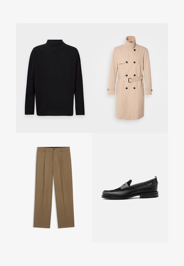 Beige trenchcoat med høj krave, dobbeltkrøs design, sorte knapper og bælte i taljen. Glat stof med lange ærmer.; Sort turtleneck sweater, lavet af blødt strikket materiale, med lange ærmer, afslappet pasform og høj halsudskæring. Ingen synlige mønstre eller hardware.; Brune lige bukser med bæltestropper, forreste knap og lynlås, vist fladt på en hvid baggrund.; Sort læderloafer med grå remdetalje, lav hæl og tekstureret sål, mærket med "HUGO" i guld på siden.