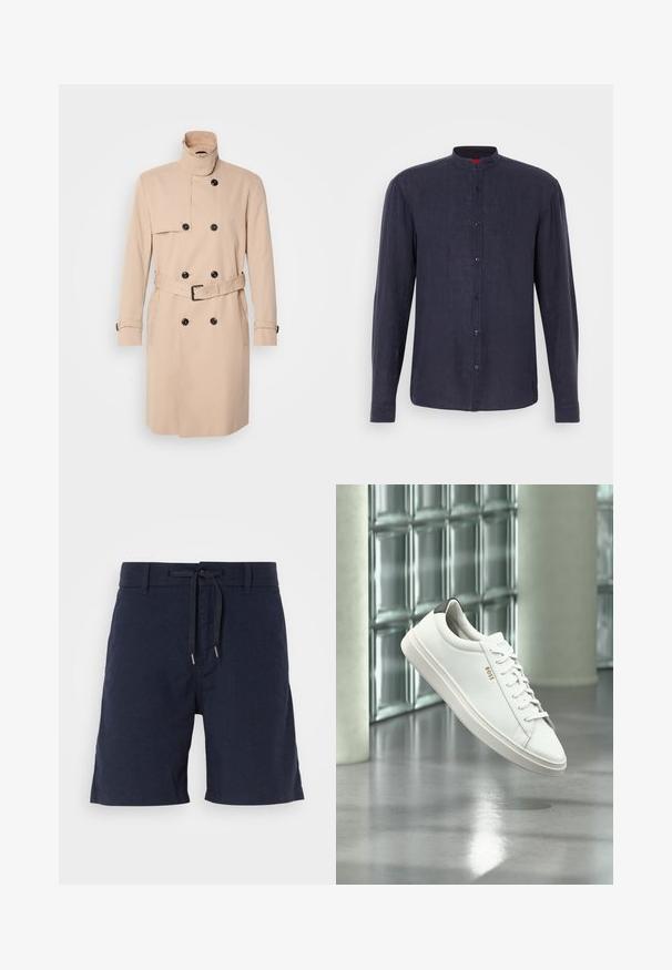 Beige trenchcoat med høj krave, dobbeltkrøs design, sorte knapper og bælte i taljen. Glat stof med lange ærmer.; Langærmet skjorte i mørk navy stof med båndkrave, frontlukning med knapper og en subtil tekstur. Knapperne er mørke og jævnt fordelt.; Marineblå shorts lavet af letvægtsstof, med elastisk talje i form af snor, to sidelommer og et lige ben-design.; Hvid læder lav-top sneaker med snørebånd, sort hælflig og "BOSS"-logo, svævende indendørs nær glasblok væg og poleret gulv.