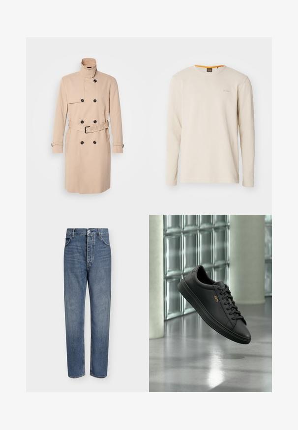 Manteau trench beige avec un col haut, une conception à double boutonnage, des boutons noirs et une taille ceinturée. Tissu lisse avec des manches longues.; T-shirt beige clair à manches longues en tissu texturé. Présente un col ras du cou et un petit logo sur la poitrine avec un accent orange à l'intérieur du col.; Jean droit en denim bleu avec taille haute, fermeture à boutons sur le devant et design à cinq poches sur un fond clair uni.; Baskets basses en cuir noir avec lacets noirs et logo BOSS doré sur le côté, flottant au-dessus d’un sol gris brillant dans un espace intérieur moderne.