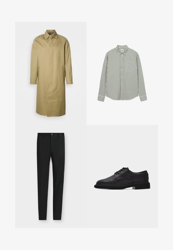Manteau beige en tissu lisse, avec un col pointu, des manches longues et des poches latérales. Design simple et droit sans ornements.; Chemise à manches longues avec boutons, rayures verticales vert olive et blanches, et une poche poitrine à l’avant.; Pantalon noir coupe slim avec passants de ceinture, fermeture boutonnée et poches avant, présenté à plat sur un fond gris clair.; Chaussure habillée à lacets pour homme en cuir noir à finition lisse avec semelle épaisse en caoutchouc, vue de profil sur fond blanc.