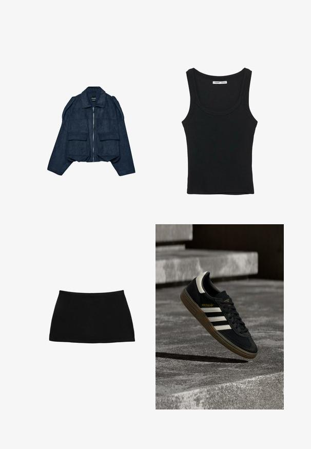 Veste courte en daim bleu marine avec fermeture éclair à l'avant, col pointu et deux poches avant. Présente des accents aux épaules et une finition texturée.; Débardeur noir côtelé sans manches avec un col rond et un ourlet droit, étiquette à l'intérieur du dos du cou.; Mini-jupe noire en coton avec une taille ajustée. Texture lisse, design simple et ourlet droit. Pas de motifs ou de pièces métalliques visibles.; Baskets Adidas noires avec des bandes blanches et une semelle en gomme flottant au-dessus d'escaliers en béton gris sous une lumière naturelle.