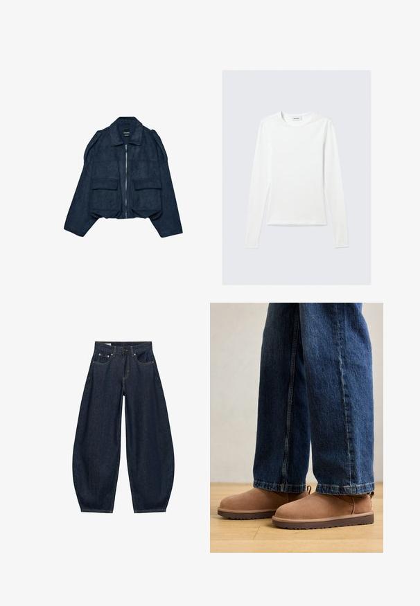 Veste courte en daim bleu marine avec fermeture éclair à l'avant, col pointu et deux poches avant. Présente des accents aux épaules et une finition texturée.; T-shirt blanc uni à manches longues avec col rond et coupe slim, présenté sur un fond gris clair.; Jean en denim bleu foncé à jambes larges avec poches avant, passants de ceinture et fermeture par bouton à la taille.; Bottines en daim marron avec une semelle plate, un bout arrondi et une petite languette, associées à un jean en denim bleu de coupe droite.