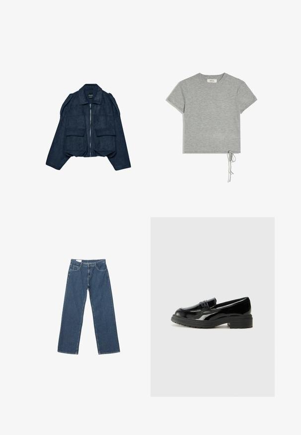 Veste courte en daim bleu marine avec fermeture éclair à l'avant, col pointu et deux poches avant. Présente des accents aux épaules et une finition texturée.; Haut en maille gris clair à manches courtes, col rond, avec un détail noué sur le côté de l'ourlet sur fond blanc.; Pantalon en denim bleu avec des fines rayures blanches verticales, poches avant, passants de ceinture et fermeture par bouton, posé à plat sur un fond blanc.; Mocassins en cuir verni noir avec une semelle en caoutchouc noir épaisse, présentant un empeigne cousue et une surface lisse et brillante.