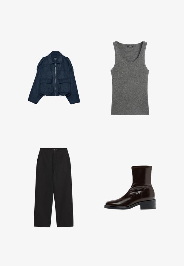 Marineblauw cropped suède jack met een ritssluiting aan de voorkant, puntkraag en twee voorzakken. Heeft schouderaccenten en een gestructureerde afwerking.; Grijs geribd mouwloos gebreid tanktopje met een ronde hals en een klein zwart merklabeletje aan de binnenkant van de kraag.; Zwarte wijde broek van katoen. Heeft een knoopsluiting, twee voorzakken en een gladde textuur. Eenvoudig ontwerp zonder patronen.; Donkerbruine leren enkellaars met vierkante neus, lage blokhak en gestikte details rond de bovenrand, zijaanzicht.