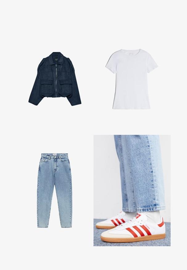 Veste courte en daim bleu marine avec fermeture éclair à l'avant, col pointu et deux poches avant. Présente des accents aux épaules et une finition texturée.; T-shirt blanc uni à manches courtes et col rond, posé à plat sans motifs ni logos visibles.; Jean en denim bleu clair avec une taille haute, une coupe droite et des coutures contrastantes. Dispose de poches avant et arrière, ainsi qu'une fermeture à bouton.; Baskets en cuir blanc avec des rayures et des accents rouges. Dotées d'une semelle extérieure en gomme texturée et d'un col rembourré. Portées avec un jean en denim bleu clair.