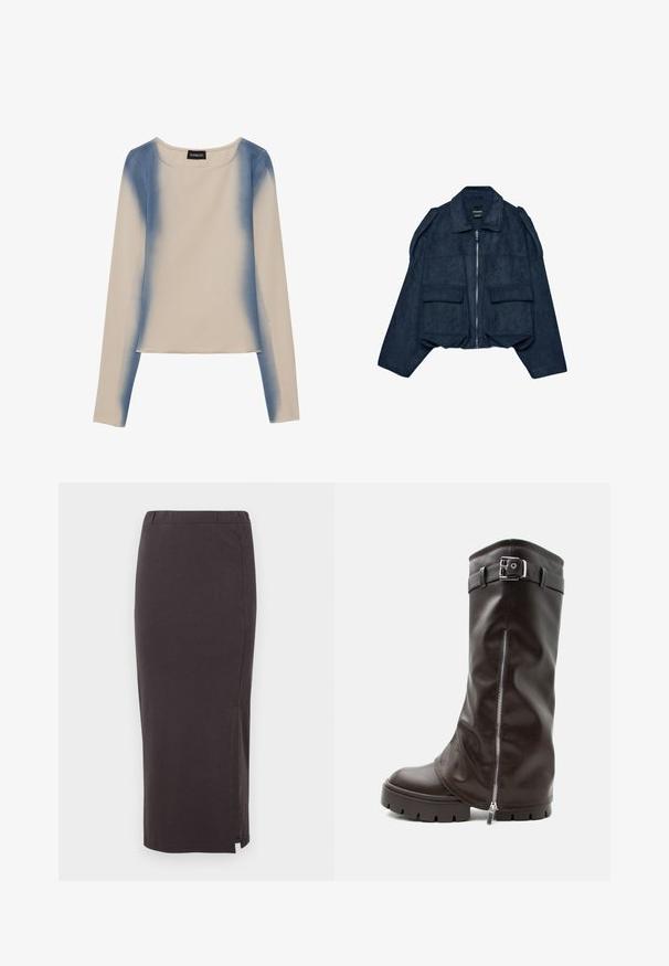 Marineblå cropped ruskindjakke med lynlåslukning foran, spids krave og to forlommer. Har skulderdetaljer og en tekstureret overflade.; Langærmet top i lys beige med et gradient blå design. Glat tekstur med rund halsudskæring og lige kant.; Lang, mørkegrå stræk nederdel med elastisk talje, der har en sideslids for nem bevægelse og en glat, blød tekstur.; Høj mørkebrun læderstøvle med kraftig sål, sidelukning med lynlås og ankelrem med sølvspænde, vist på en hvid baggrund.