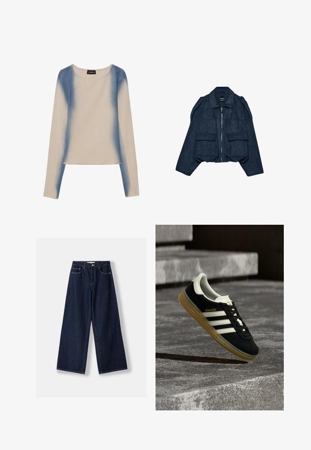 Marineblå cropped ruskindjakke med lynlåslukning foran, spids krave og to forlommer. Har skulderdetaljer og en tekstureret overflade.; Langærmet top i lys beige med et gradient blå design. Glat tekstur med rund halsudskæring og lige kant.; Mørkeblå vidde denimjeans med knap- og lynlås foran, forlommer og bæltestropper, lagt fladt på en hvid baggrund.; Sort Adidas München-sneaker med hvide striber og gummisål svævende over ribbet betontrappe.
