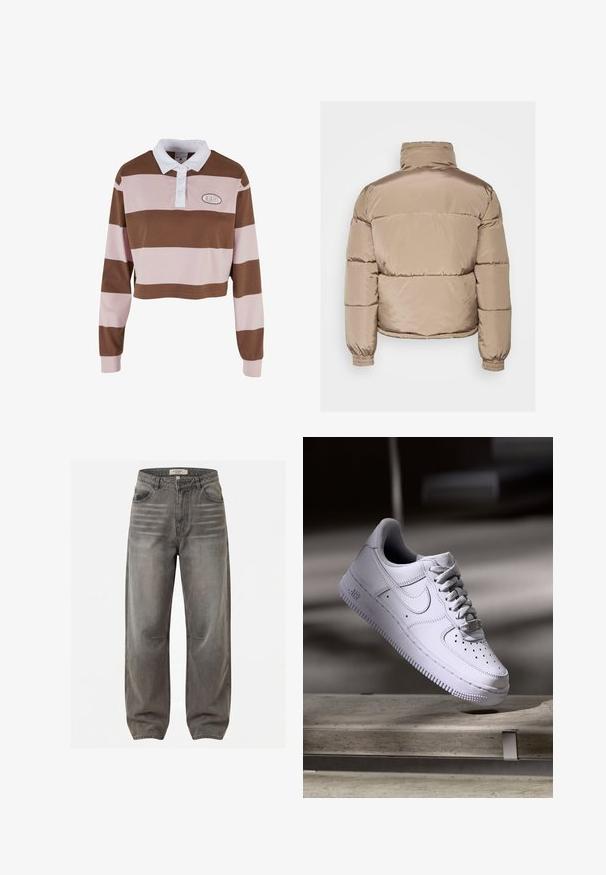 Pufferjack in lichtbeige satijnen afwerking, met een hoge kraag, elastische manchetten en gestikte delen voor isolatie. Glad textuur.; Bruine en roze gestreepte lange mouwen polo met een witte kraag, heeft een logo patch en een cropped ontwerp. Zachte katoenen stof.; Grijze denim jeans met hoge taille, vervaagde details, knoop en rits aan de voorkant, riemlussen en rechte, brede pijpen.; Witte Nike Air Force 1 sneaker die zweeft boven een betonnen oppervlak met schaduwen in een minimalistische setting.