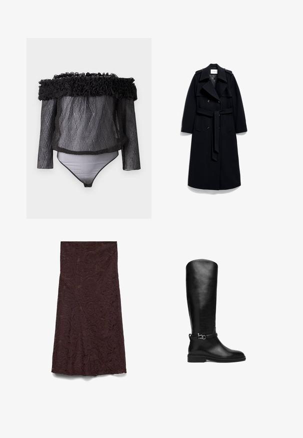 Dubbelzijdige trenchcoat van donker marinewol, met een riem in de taille, grote soortgenoten en schouderepauletten. Lange mouwen met knoopaccenten.; Hofmann Copenhagen EXCLUSIVE - Blouse - black; Kanten rok in donker bordeauxrood met een ingewikkeld paisley-patroon, voorzien van een midilange snit en een halftransparante textuur.; Zwarte leren laars tot net onder de knie met lage hak en een decoratieve band met zilverkleurige metalen gesp rond de enkel.