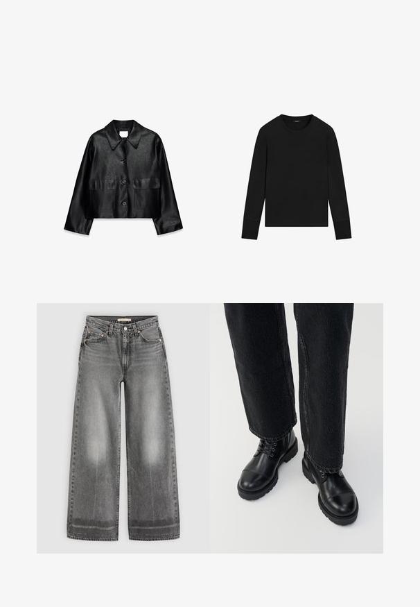 Veste courte noire en similicuir avec manches longues, col pointu, fermeture à boutons et deux poches à rabat à l'avant.; T-shirt noir à manches longues, col rond, avec des poignets ajustés et un design simple, sans ornement, sur fond blanc.; Jean en denim gris taille haute, à jambes larges, avec un bouton à l'avant, des passants de ceinture et des détails délavés sur les cuisses et les ourlets.; Bottines en cuir noir avec bout rond, lacets et semelle épaisse et robuste. Associées à un jeans foncé avec un détail d'ourlet brut.