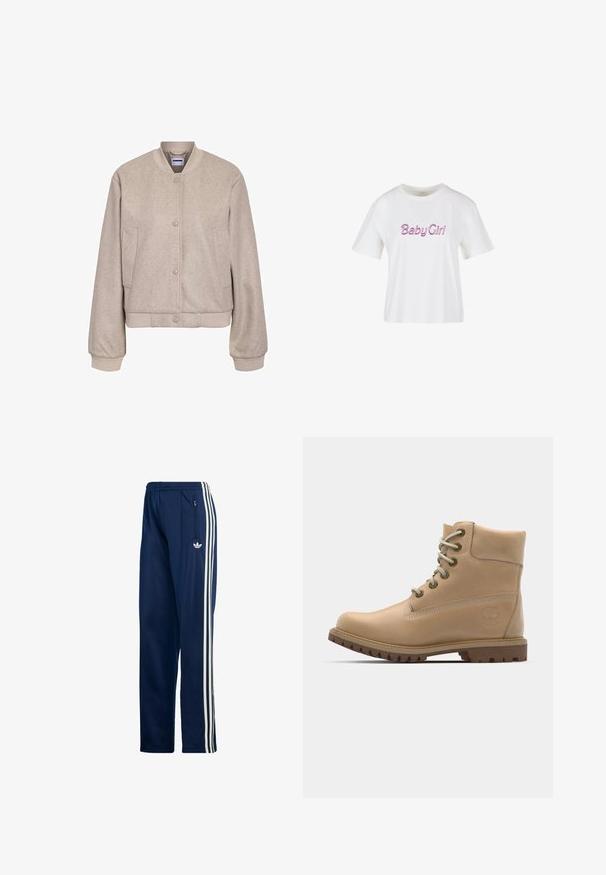 Noisy May bomber NMEDDI - Bomberjacks - beige; Witte katoenen T-shirt met korte mouwen en een ronde hals, met roze geborduurde tekst "Baby Girl" aan de voorkant.; Marineblauwe sportbroek gemaakt van een gladde, lichtgewicht stof, met drie witte zijstrepen en een zijzak met rits.; Beige leren enkelboot met een ronde neus, beige veters en een robuuste zool. Beschikt over zijstiksels en een rond logo op de hak.