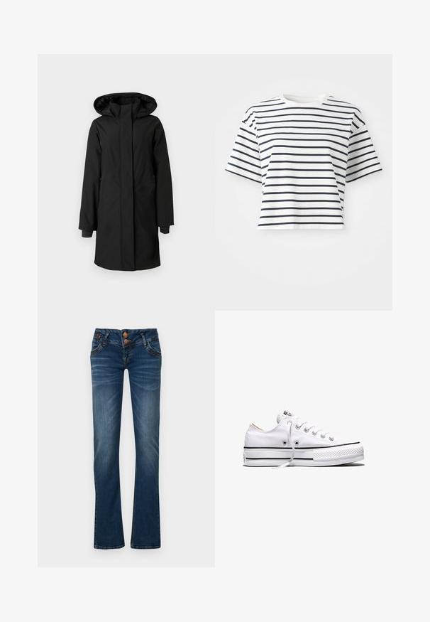 Schwarzer wasserfester Mantel mit Kapuze. Verfügt über lange Ärmel, eine lockere Passform und Reißverschlusstaschen. Glatte Textur und minimalistisches Design.; Kurzärmliges, cropped T-Shirt aus weißem Stoff mit navyblauen Horizontalstreifen. Hat einen runden Halsausschnitt und eine lockere Passform.; Dunkelblaue Bootcut-Jeans mit zwei vorderen Knöpfen, fünf Taschen und feinem Verblassen an Oberschenkeln und Knien.; Weißer Canvas-Sneaker in niedriger Ausführung mit weißen Schnürsenkeln, schwarzen Streifen an der Sohle und gummiertem, strukturiertem Zehenschutz, Seitenansicht vor weißem Hintergrund.