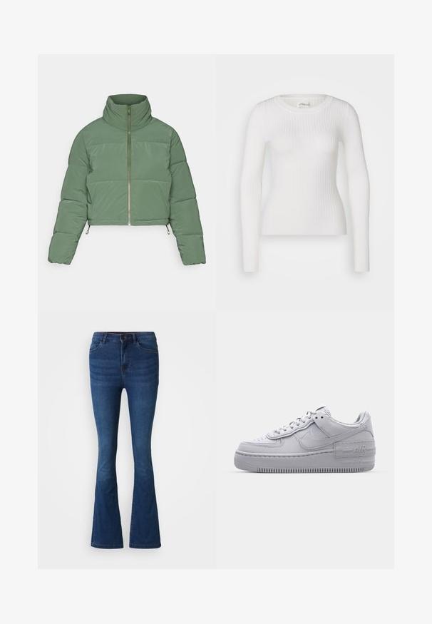 ONLY ONLLIVIA PUFFER JACKET - Talvejope - duffel bag; Valge pikakä sleeves ribikate tipp ümarate kaelustega. Kangas on sile, omades peent tekstuuri ja istuvat disaini. Ilma nähtava riistvara või mustriteta.; Tumedatest sinisest denimist laiad teksad, millel on esimesed ja tagumised taskud, nööbid ja lukukinnitus ning tuhmumus reitel ja põlvedel.; Hallitus hallid Nike Air Force 1 sneakerid, millel on augustatud varvas, siledast nahast ülemine osa, paks tall ning reljeefne 'AIR' detail kontsapadjal.