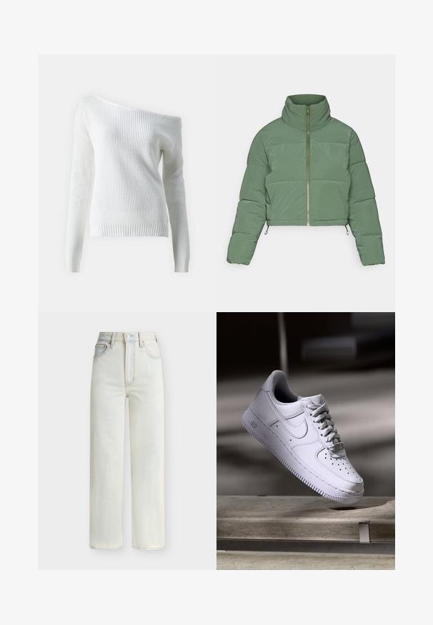 ONLY ONLLIVIA PUFFER JACKET - Χειμωνιάτικο μπουφάν - duffel bag; Λευκό πουλόβερ off-shoulder φτιαγμένο από ριμπ ύφασμα, με μακριά μανίκια, εφαρμοστή γραμμή και υφή που καλύπτει ολόκληρη την επιφάνεια.; Τζιν με ψηλή μέση και ίσια γραμμή σε ανοιχτό μπλε χρώμα, με κουμπί μπροστά, φερμουάρ και πεντάτσεπη σχεδίαση.; Λευκό αθλητικό παπούτσι Nike Air Force 1 να αιωρείται πάνω από μια επιφάνεια από σκυρόδεμα με σκιές σε ένα μινιμαλιστικό περιβάλλον.