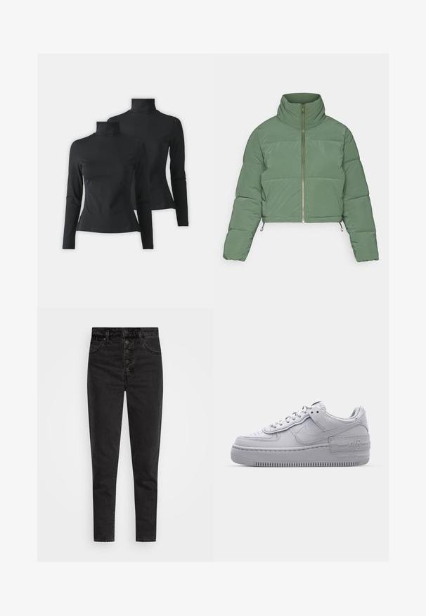 ONLY ONLLIVIA PUFFER JACKET - Veste d'hiver - duffel bag; Deux chemises noires à manches longues et col roulé présentées sur un fond gris clair uni.; Jeans en denim noir taille haute avec une fermeture à bouton, cinq poches et une coupe slim. Texture lisse avec peu d'usure et sans ornements.; Basket en cuir lisse gris Nike Air Force 1 avec un bout perforé, une semelle épaisse et un détail 'AIR' en relief sur le talon.