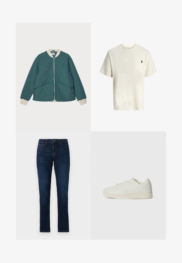 Pompeii PADDED JACKET - Overgangsjakke - emerald; Hvid bomuld t-shirt med korte ærmer, rund hals, brystlomme foran og et lille mærke i siden. Glat tekstur og afslappet pasform.; Mørkeblå denimjeans med slim fit, standard fem lomme-design og lukning med knap og lynlås. Glat tekstur med minimal falming.; Hvide sneakers med en glat læderoverflade, snørebånd, perforerede detaljer og tre diagonale striber på siden. Gummisål.
