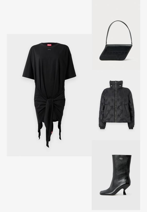 Zwarte gewatteerde jacket met een hoge kraag, ritssluiting aan de voorkant, elastische manchetten en een doorgestikt ontwerp met tonale stiksels en zijzakken.; Zwarte katoenen t-shirt jurk met korte mouwen, voorzien van een knoopdetail in de taille en een logo label. Smooth textuur en losse pasvorm.; Zwarte leren enkellaars met een glanzende afwerking, vierkante neus en een uniek gebogen hielontwerp. Voorzien van een klein metallic logo-accent.; Zwarte leren schoudertas met een driehoekige vorm, geperst logo en een enkele verstelbare riem. Minimalistisch ontwerp met een gladde textuur.