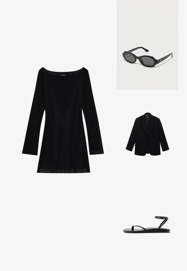 Sort blazer med enkelt knaplukning, hakkede reverser, to forlommer og en glat inderforing. Skræddersyet design med lange ærmer.; Sort langærmet kjole med off-shoulder halsudskæring, glat tekstur og en svævende silhuet. Har gennemsigtige detaljer ved kanten.; Sort flad sandal med tynde remme, tåloop og anklerem med en lille rund spænde, vist i sideprofil.; Sorte solbriller med en ottagonal ramme, mørke linser og en blank finish. Har et diskret logo på siden af stangen.