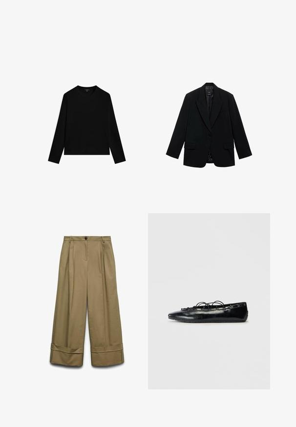 Sort blazer med enkelt knaplukning, hakkede reverser, to forlommer og en glat inderforing. Skræddersyet design med lange ærmer.; Sort langærmet top lavet af glat stof, med rund halsudskæring og cropped kant. Simpelt design uden synlige mønstre eller accenter.; Khaki brede benbukser med pressefolder, en knaplukning og oprullede ben. Lavet af et glat, letvægtsstof med en skræddersyet design.; Sort spids flad sko med snørebånd foran og øjet detaljer langs kanterne, vist på en hvid baggrund.