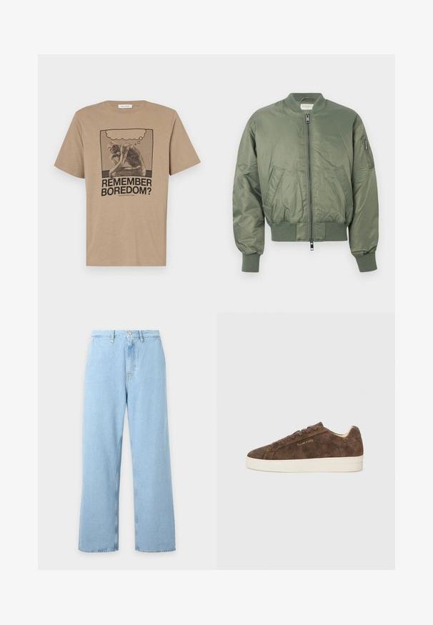 Grøn bomberjakke lavet af glat nylon, med en frontlynlås, ribbede manchetter og kant, to frontlommer og en lynlåslomme på ærmet.; Beige bomulds t-shirt med et grafisk motiv af en tænksom figur og teksten "HUSKER DU KEDSELIGEHED?" trykt i sort. Rund hals design.; Lyseblå højtaljede jeans med vide ben, bæltestropper, foran knap og lynlås, vist på en ensfarvet lys baggrund.; Brune ruskinds sneakers med lav profil, rund tå og hvid gummisål. Har mørke snørebånd og diskret branding på siden.