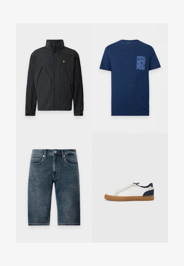 Sort let jakke med krøllet tekstur, høj krave, lynlås foran og en lille gul logodetalje på brystet.; Marineblå T-shirt med korte ærmer, rund hals og lille brystlomme med blåt palmetræsprint.; Mørkeblå denimshorts, knæ-lange, med en glat tekstur, fem lommer og metalknaplukning. Lidt falmet finish for et afslappet look.; Hvide lærreds-sneakers med marineblå og grå ruskindsdetaljer. Har en sål af gummigummi, rundet snude og klassisk snøredesign.