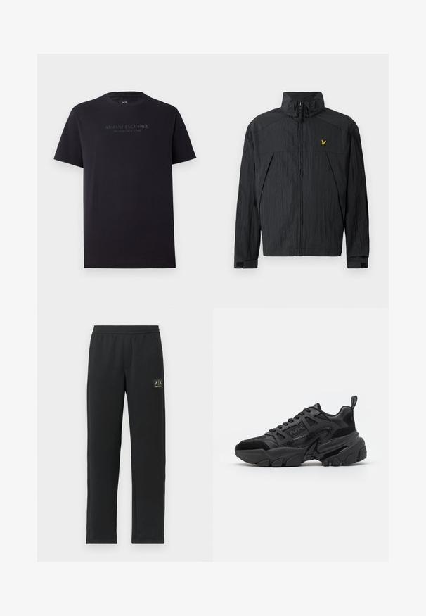Veste noire légère avec une texture froissée, col montant, fermeture éclair à l'avant, et un petit logo jaune sur la poitrine.; T-shirt en coton noir à manches courtes, col rond et légèrement ample. Présente le texte "ARMANI EXCHANGE MILANO / NEW YORK" en gris foncé.; Pantalons de jogging noirs à jambe droite avec une taille élastique et un logo noir en patch sur le haut de la cuisse gauche.; Baskets noires présentant un mélange de matériaux lisses et texturés, une semelle épaisse, un design à lacets et des accents latéraux distincts.