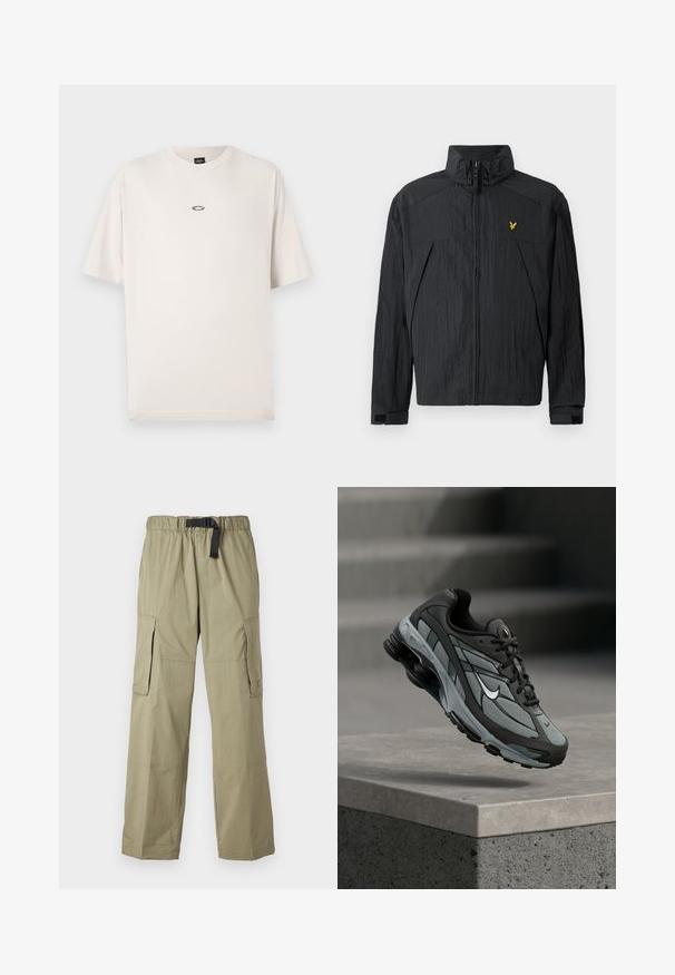 Čierna ľahká bunda s vráskovanou textúrou, vysokým golierom, predným zipsom a malým žltým logom na hrudi.; Oakley RISE TEE - Základné tričko - mist; Svetlozelené cargo nohavice s elastickým pásom a opaskom, majú dve bočné vrecká a hladkú textúru, navrhnuté pre pohodlie a funkčnosť.; Šedá a čierna športová teniska s panelmi z sieťoviny a hrubou podrážkou, umiestnená vo vzduchu nad betónovým obrubníkom a schodmi v pozadí.